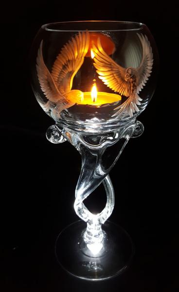 Windlicht mit gewundenem Fuß, Motiv Papagei